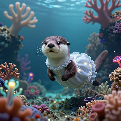 Photograph of a cute, underwater otter dressed in a white, frilled maid outfit, swimming amidst colorful coral reefs with vibrant sea life.