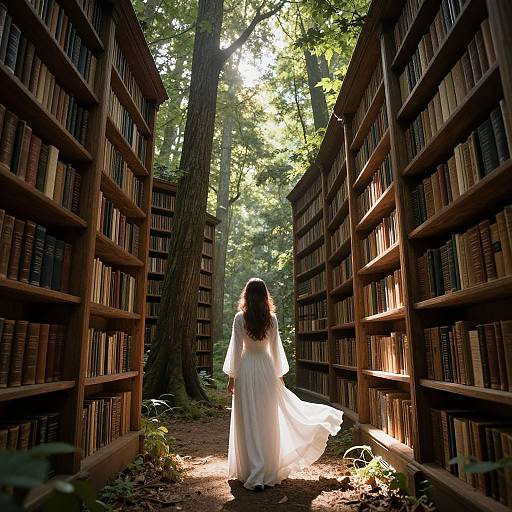 Photograph of a woman in a flowing white dress walking through a sunlit forest library aisle, surrounded by tall bookshelves.