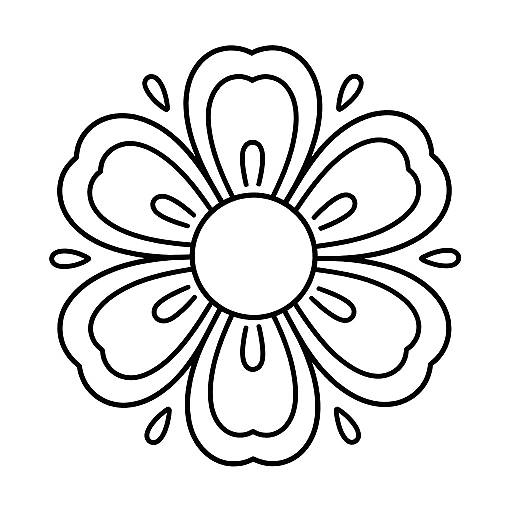 Black and white line drawing of a simple, symmetrical flower with six rounded petals and a central circle.