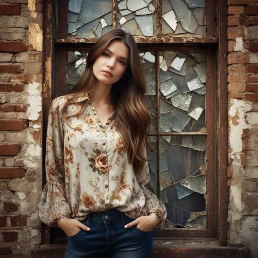 Young Woman Standing by Broken Window