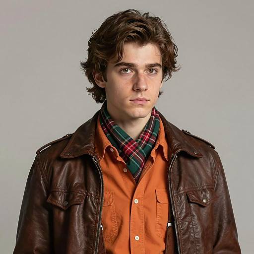 Young Man in Leather Jacket and Plaid Scarf