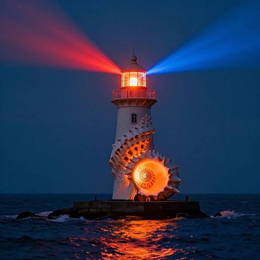 Photograph of a lit lighthouse at night, emitting red and blue beams, with a large, fiery explosion near its base. Dark, choppy