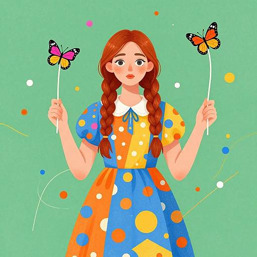 Digital illustration of a red-haired girl with braids, wearing a colorful polka dot dress, holding two butterfly wands, against a green background.