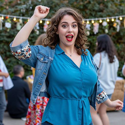 Photograph of a surprised, curly-haired woman with fair skin and red lipstick, wearing a blue dress and denim jacket, raising her fist outdoors with string