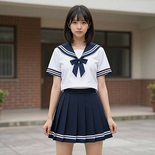 Photograph of an Asian teenage girl with straight black hair, wearing a white sailor uniform with a black bow and pleated skirt, standing in front of