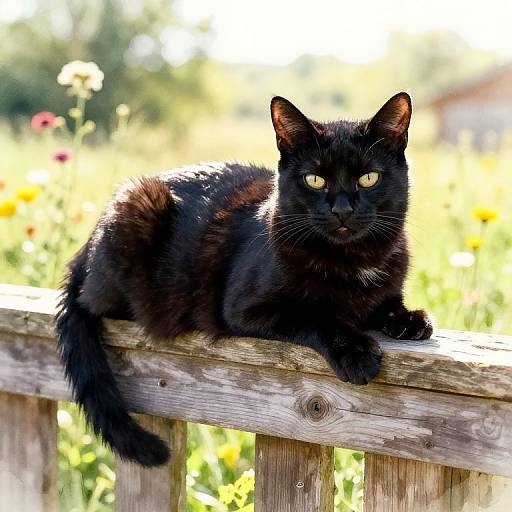 Photograph of a sleek, black cat with glowing yellow eyes, lounging on a weathered wooden fence in a sunlit, blooming meadow