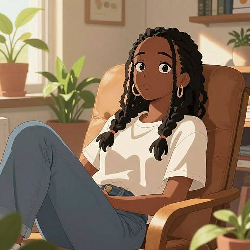 Digital anime-style illustration of a dark-skinned woman with braided hair, wearing a white t-shirt and blue jeans, relaxing in a sunlit room