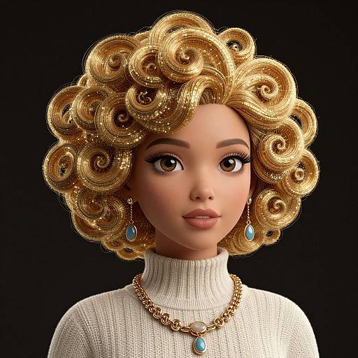 CGI portrait of a young woman with large, curly, golden-blonde hair, wearing a white turtleneck, blue teardrop earrings