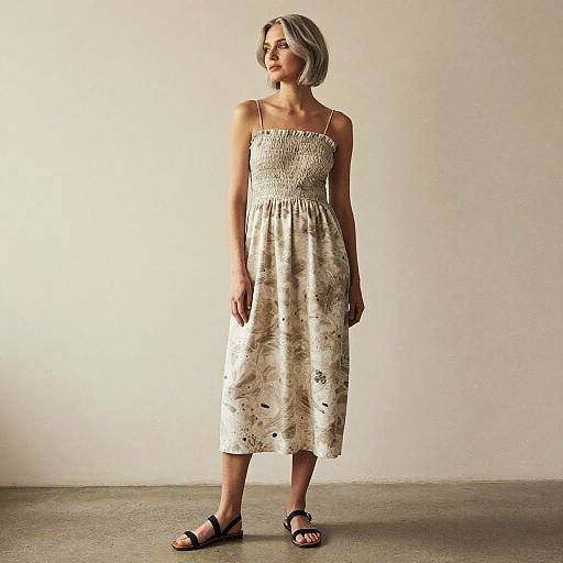 Photograph of a slender woman with short gray hair, wearing a light, floral-patterned, strapless dress and black sandals, standing against a plain