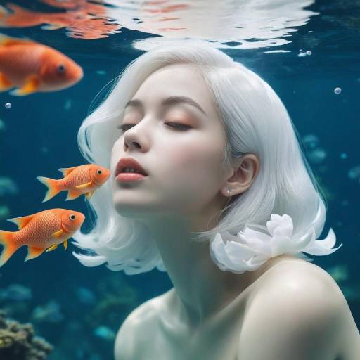 Underwater Portrait of Woman with White Hair and Goldfish
