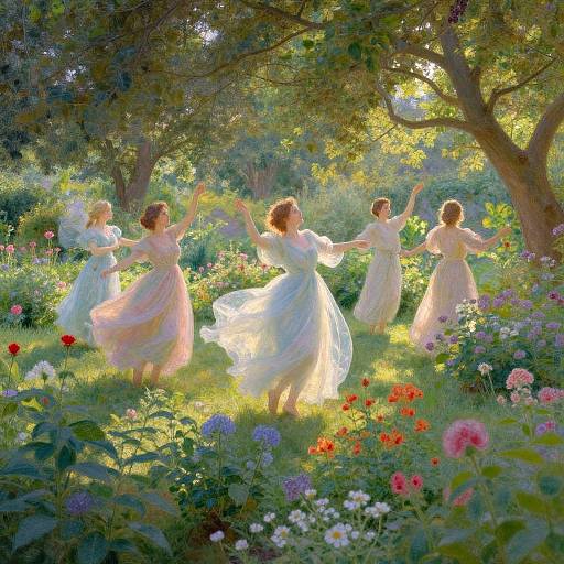 Digital painting of four women in flowing white dresses dancing in a sunlit, colorful garden with trees and blooming flowers.