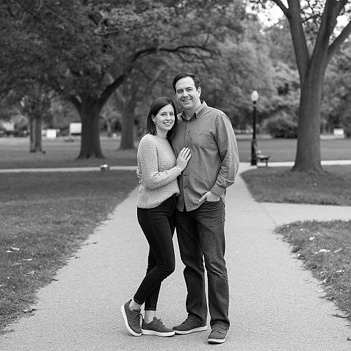 Black-and-white photograph of a smiling couple standing on a park path, woman in a sweater and jeans, man in a button-up shirt and jeans.