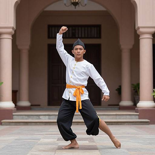 Photograph of a young male martial artist in traditional attire, performing a kung fu stance in front of a colonial-style building.