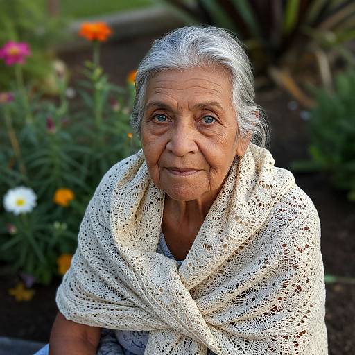 Photograph of an elderly woman with white hair, light skin, and blue eyes, wearing a cream lace shawl, sitting outdoors among colorful flowers.