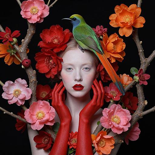 Photograph of a pale-skinned woman with red lips, red gloves, and a green hummingbird on her head, surrounded by vibrant pink and orange