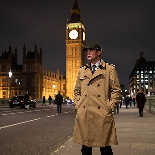 Photograph of a man in a tan trench coat and flat cap standing on a nighttime London street with illuminated Big Ben in the background.