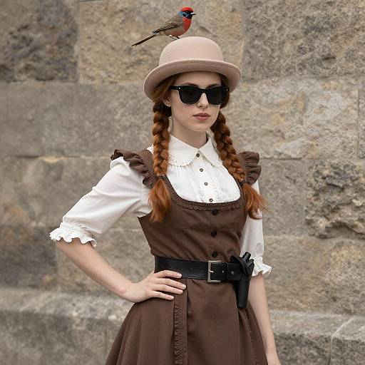 Photograph of a fair-skinned woman with braided red hair, wearing a brown dress, white blouse, black belt, hat with a perched