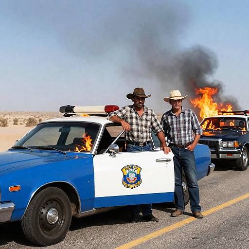 Two Men Standing by Burning Police Car on Desert Road
