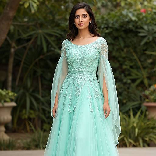 Photograph of a beautiful woman with dark hair, wearing a light blue, lace-embellished, long-sleeved, floor-length gown,