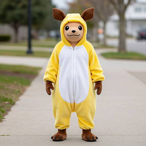 Photograph of a person in a yellow bear onesie with brown ears and paws, standing on a suburban sidewalk.