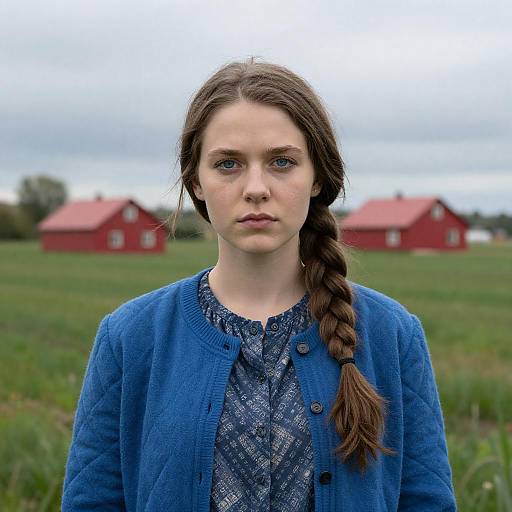 Serious Young Woman in Serene Landscape