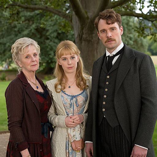 Photograph of an older white woman, a young white woman, and a white man in Victorian attire, standing outdoors by a tree.