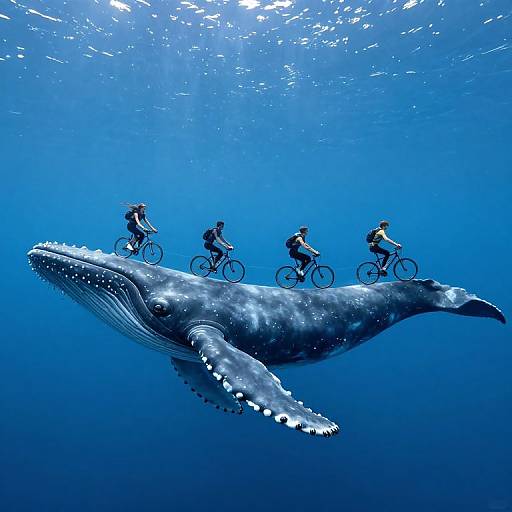 Photograph of four cyclists riding on a massive, blue-gray whale underwater in a bright blue ocean, sunlight filtering from above.