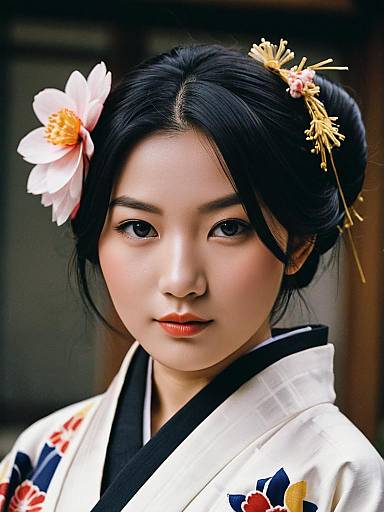 Japanese Woman in Traditional Kimono with Hair Ornaments