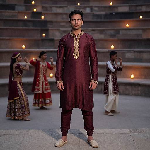Photograph of a South Asian man in a maroon traditional kurta with gold embroidery, standing center, surrounded by women in matching attire, lit by