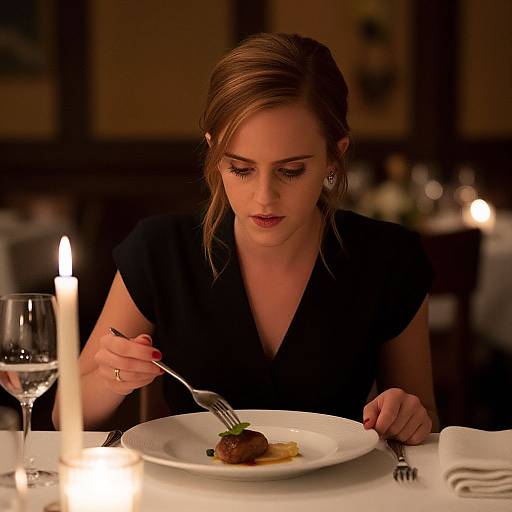 Photograph of a blonde woman in a black dress, dining at a dimly-lit restaurant, focused on a plated dish with a candlelit table