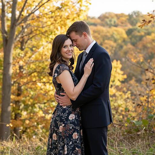 Photograph of a smiling couple in an autumn forest, the woman in a floral dress, the man in a black suit, embracing lovingly, golden