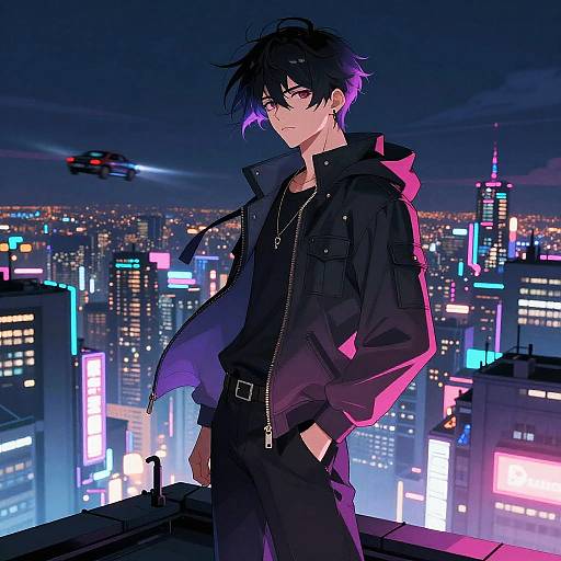 Anime-style digital drawing: Black-haired, purple-tinted male with piercing eyes, black jacket, standing on rooftop at night, neon cityscape background