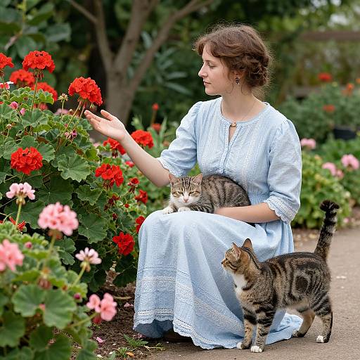 Photograph of a woman in a blue dress, holding a tabby kitten, while another tabby cat stands beside her, touching vibrant red and pink