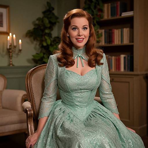Photograph of a smiling, fair-skinned woman with red curls, wearing a sparkling mint green, long-sleeved, vintage-style dress, seated