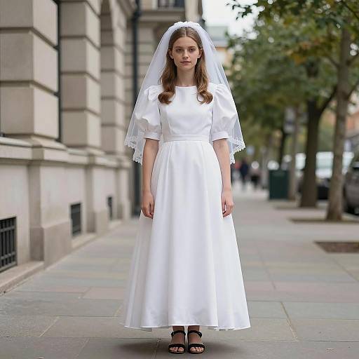 Young Woman in White Victorian-Style Dress and Veil