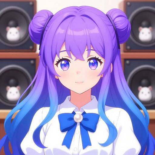 Digital anime-style portrait of a purple-haired girl with blue eyes, wearing a white shirt with a blue bow, standing in front of speaker-filled shelves.
