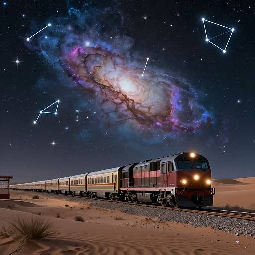 Photograph-style image of a red and black train traveling through a desert at night, with a vibrant, starry galaxy and constellations overhead.