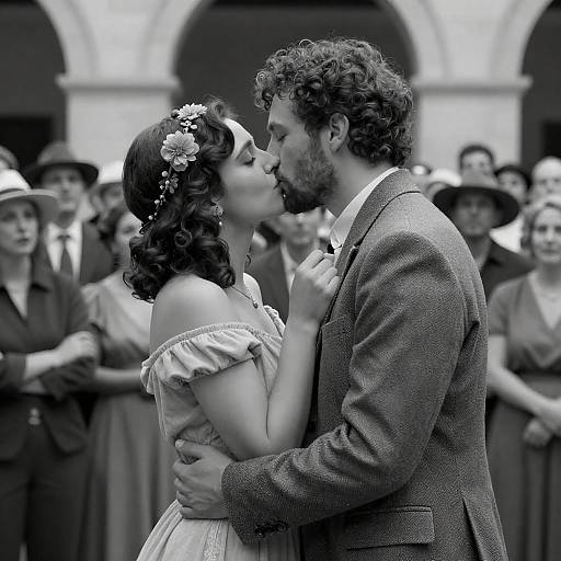 Passionate Kiss Amidst a Curious Crowd