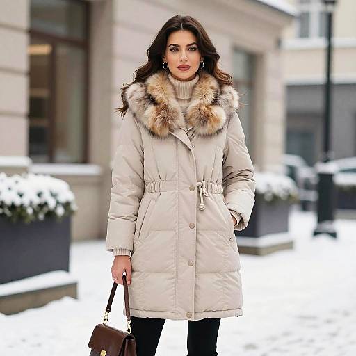 Photograph of a confident woman with wavy brown hair, wearing a beige winter coat with a fur-lined hood, black pants, and holding a brown