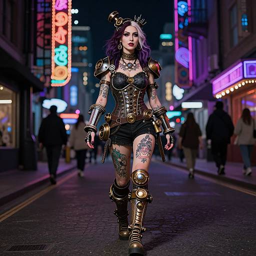 Cyberpunk street scene: tattooed woman with purple hair, gold armor, black shorts, and mechanical boots walks confidently under neon lights.