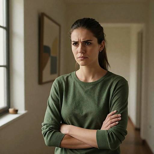 Frowning Woman with Arms Crossed in Hallway