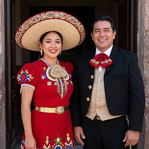 Photograph of a smiling Mexican couple in traditional attire; woman in red dress with intricate embroidery, large straw hat; man in black suit, beige vest