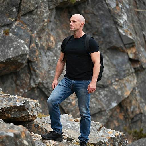 Bald Muscular Man Outdoors on Rocks