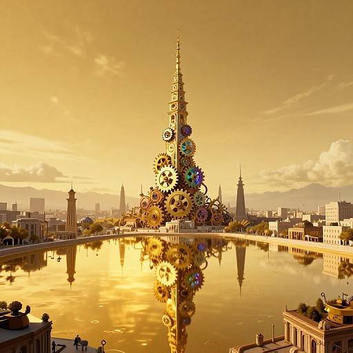 Photograph of a sunset-lit cityscape with a clock tower adorned with colorful gears, reflecting in a calm waterway, surrounded by historic buildings.