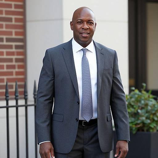 Photograph of a smiling, bald Black man in a dark gray suit, white shirt, and patterned tie, standing in front of a brick building