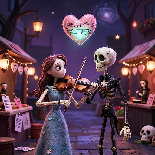 Skeleton Couple Playing Violin in Valentine Alleyway