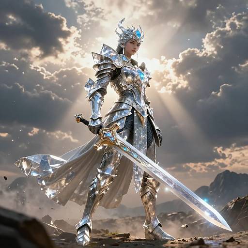 Photorealistic CGI of a silver-armored female warrior with a glowing sword, radiant sunlight, and dramatic cloudy sky in a rocky landscape.