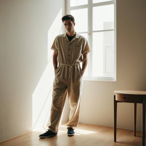Young Man in Beige Jumpsuit Standing by Window