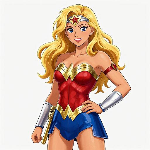 Digital anime-style drawing of Wonder Woman with long blonde hair, blue eyes, red bustier, blue shorts, gold tiara, silver bracelets, and