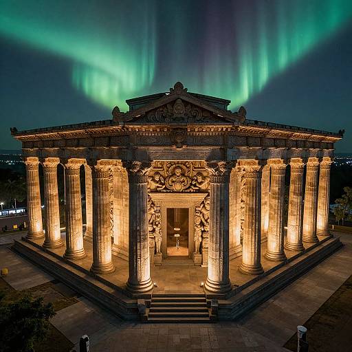 Photograph of a grand neoclassical building illuminated by warm lights, set against a backdrop of vibrant green northern lights.